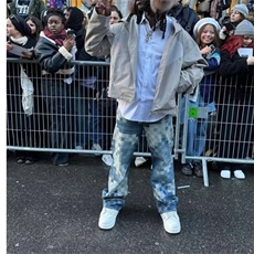 马赛克棋盘格拼接牛仔裤男款美式复古vibe裤子直筒修身微喇裤，男装牛仔裤，星座506A
