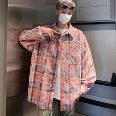 6044-P42美式复古扎染格子衬衫男高级感少年感穿搭痞帅上衣，男装衬衫，电商B323A