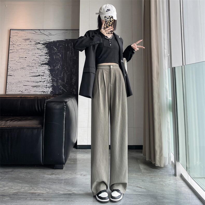 肌理感女裤2023春秋款加长版直筒高腰垂感阔腿西裤小个子,女装休闲裤,梦白服饰厂