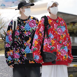 B203秋冬套头圆领东北大花风民族特色加绒保暖卫衣小衫男女潮图片