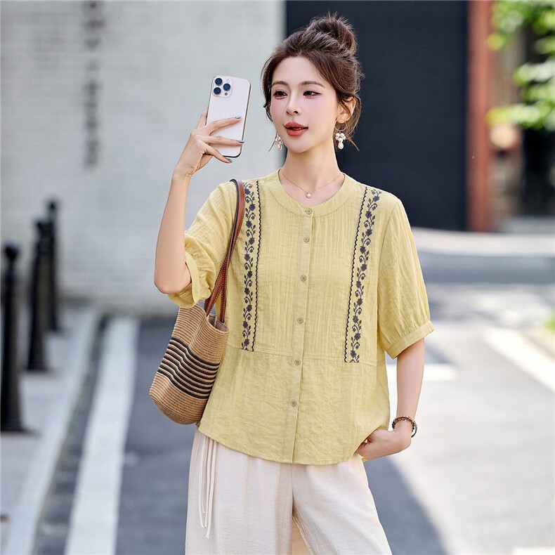 凤玖2026刺绣天丝上衣女夏季薄款中袖衬衫中老年妈妈T恤,女装衬衫,凤玖服饰