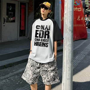 抖音得物高品质二开240克宽松纯棉美式潮牌插肩袖拼接短袖T恤图片