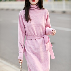 堆堆高领100%纯羊毛衫针织连衣裙女中长款过膝腰带羊绒衫打底裙子，女装连衣裙，蒙特羊绒