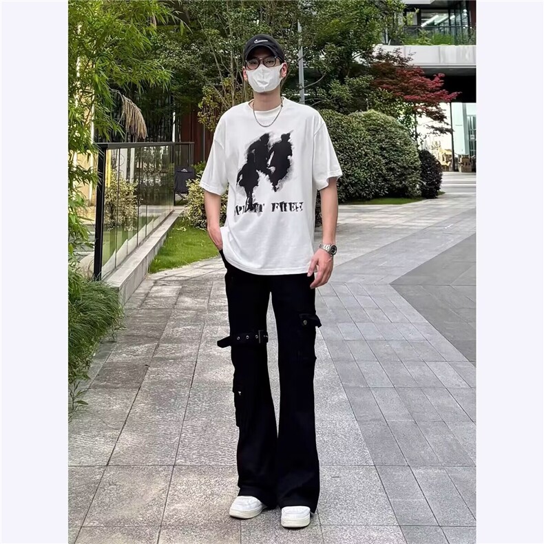 白色美式高街工装牛仔裤男秋季修身vibe绑带裤子显高显瘦微喇长裤,男装牛仔裤,四季星座505