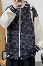 J609P30港风2024秋季百搭夹克外套宽松满印笑脸印花棒球领，男装夹克，电商A026-1