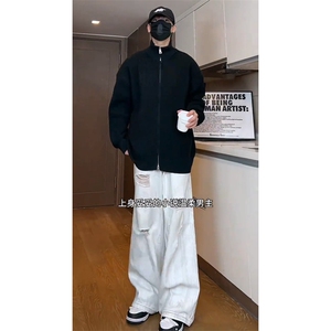 重磅秋冬北极绒双拉链毛衣开衫美式复古休闲慵懒风宽松针织衫外套图片