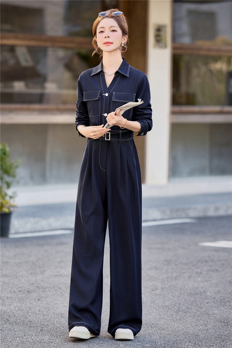 （新款现货）2026春装时尚高级显瘦天丝牛仔V领腰带阔腿连体裤,女装连体裤,印象茜