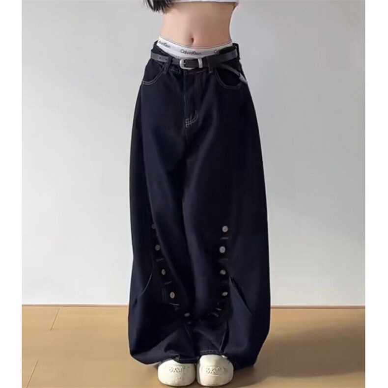 美式小众多排扣眼原色弯刀牛仔裤解构垂感阔腿裤男女B7618,男装牛仔裤,星座601-2