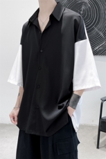 新款夏季禁欲风短剧拼接男士撞色短衬衫A071-C12-P35（控58），男装衬衫，电商A071