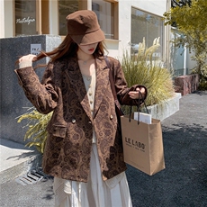韩系小众豹纹西装2025秋季新款时尚双排扣麂皮绒显瘦外套女中长款，女装西装，1D103