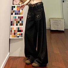 美式复古高腰弯刀牛仔裤女秋季新款高街设计感宽松显瘦阔腿拖地裤，男装牛仔裤，星座302B-2