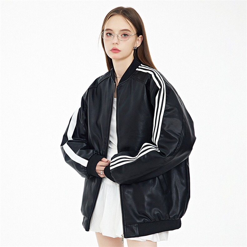 现货三条杠袖子PU皮棒球服外套秋冬棉服带帽可拆卸,男装棉衣,电商A105
