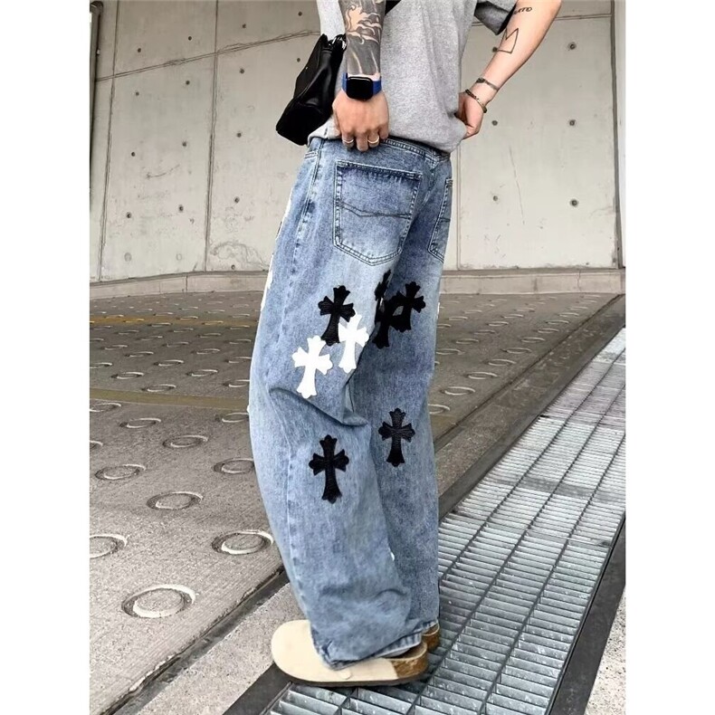 潮流文艺百搭蓝色皮标十字架牛仔裤慵懒ins流行时尚新款日系原宿,男装皮裤,星座1210-1