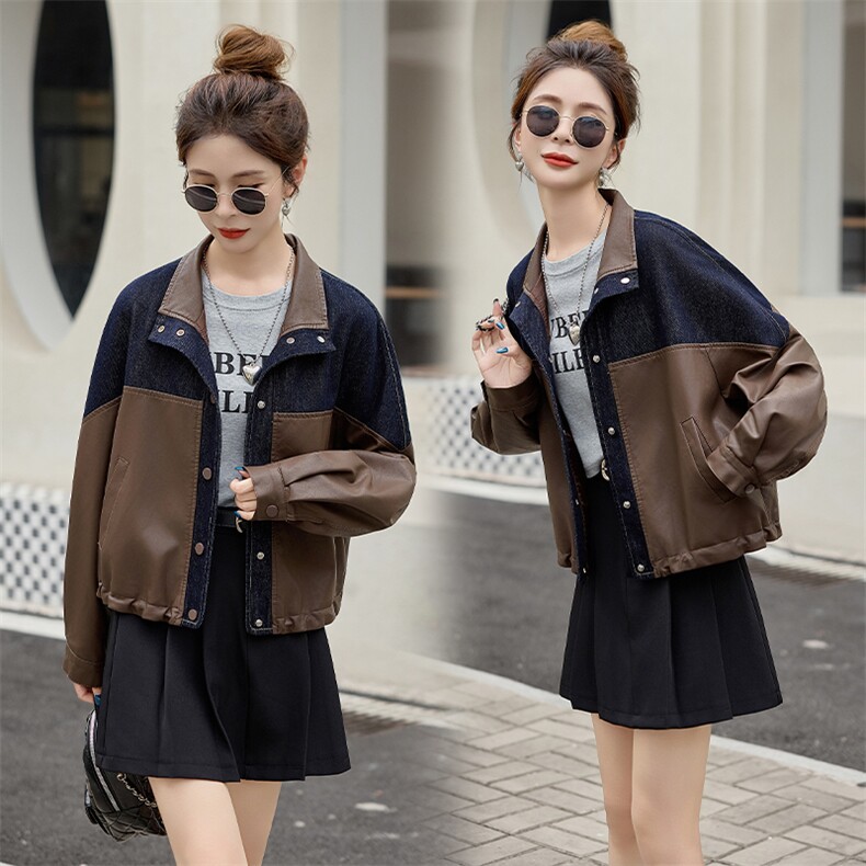 海宁皮衣牛仔拼接立领外套女2025秋新款宽松休闲百搭时尚夹克上衣，女装皮衣，江南女神