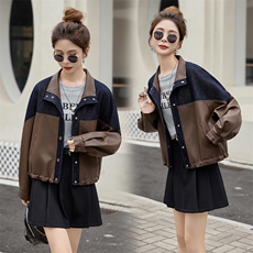 海宁皮衣牛仔拼接立领外套女2025秋新款宽松休闲百搭时尚夹克上衣，女装皮衣，江南女神