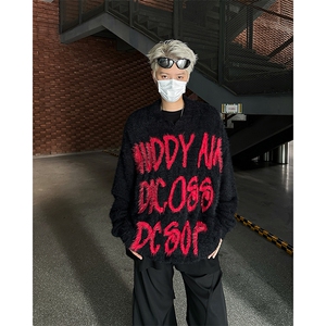 秋季新款港风美式字母印花水貂毛刷毛POLP领毛衣男潮MY1526-P60,毛衣黑纱裙穿搭图片