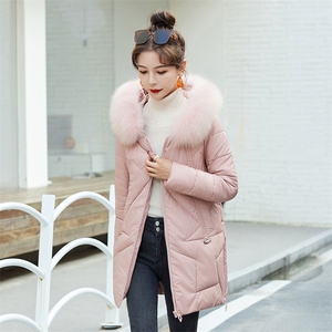 2024冬季新款真狐狸毛毛领PU皮棉服女中长款棉衣棉服女外套图片