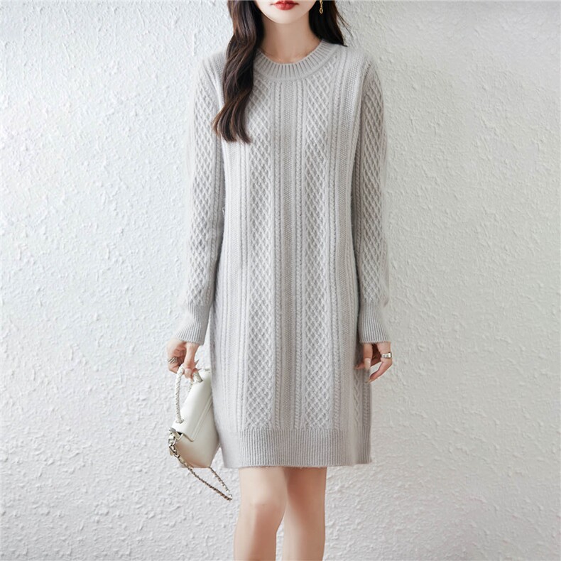 麦穗菱形100%纯羊毛针织裙半高领女中长款毛衣2025秋冬新款连衣裙，女装连衣裙，绒汀羊绒