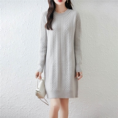 麦穗菱形100%纯羊毛针织裙半高领女中长款毛衣2025秋冬新款连衣裙，女装连衣裙，绒汀羊绒