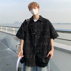 潮风新中式毛边短袖衬衫男夏季高级设计感复古小众上衣W1277图片