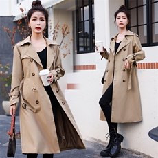 卡其色气质中长款风衣外套女2025秋新款宽松显瘦pu皮拼接过膝大衣，女装风衣，铭街依杨