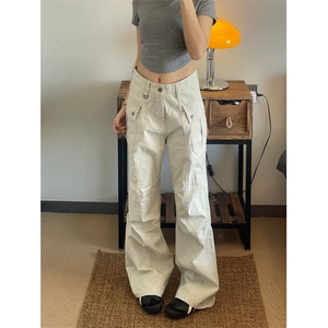 复古cleanfit微喇工装裤男女做旧褶皱宽松直筒休闲裤子 K1611图片
