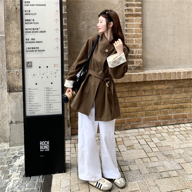 巨好看立领格纹拼接咖色风衣外套女春秋2025新款小个子高级感大衣图片