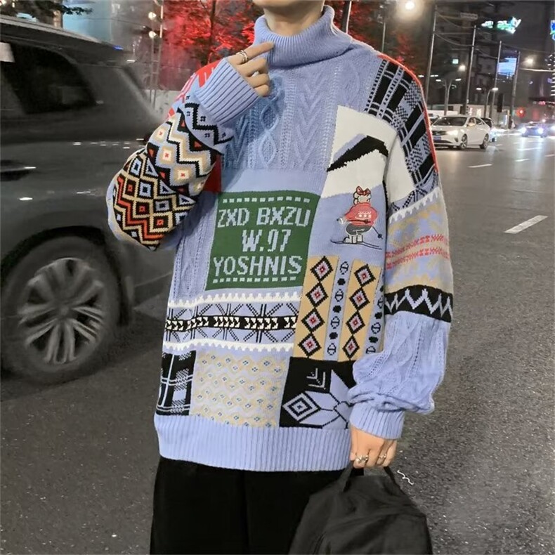 美式ins复古拼色高领毛衣男秋冬季慵懒风宽松小熊情侣针织衫,男装针织衫/毛衣,四季星座218-1