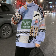 美式ins复古拼色高领毛衣男秋冬季慵懒风宽松小熊情侣针织衫，男装针织衫/毛衣，四季星座218-1