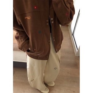 2025秋冬加绒新款小花刺绣翻领外套男女美式复古百搭情侣夹克图片