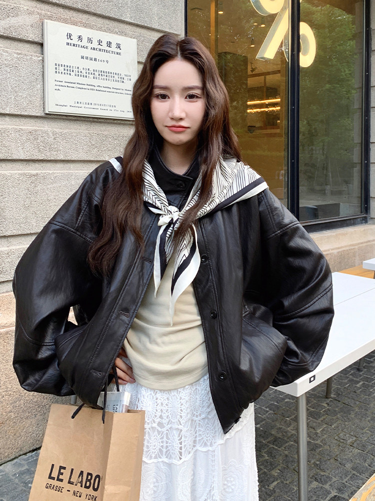 黑色时髦松弛感可盐可甜皮衣短外套女2025秋季日系复古风pu皮夹克,女装皮衣,2D034