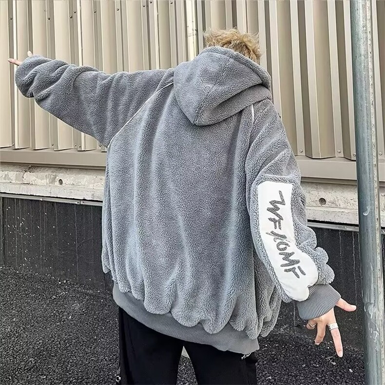 羊羔绒外套男秋冬季加绒保暖连帽棉衣青少年潮牌刺绣夹克冬装上衣,男装夹克,星座1210-1