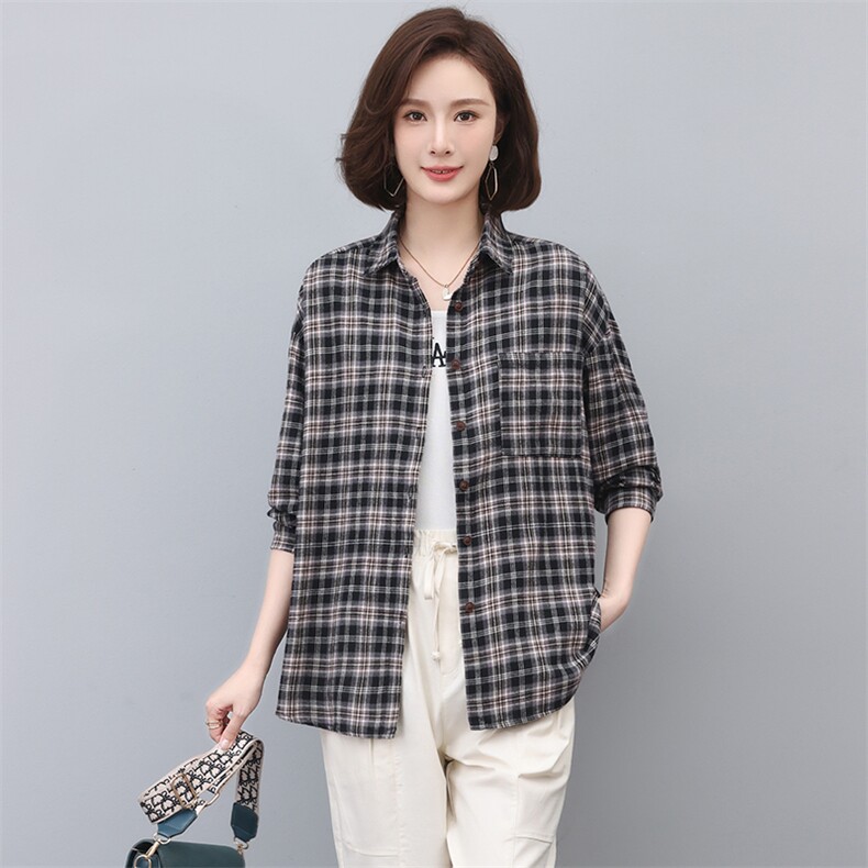 格子衬衫女长袖2025新款春秋衬衣春款漂亮小衫妈妈上衣,女装衬衫,忆绮罗