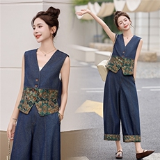 现货牛仔套装2026年夏季新款女装时尚气质老钱马甲阔腿裤两件套，女装套装/套裙，关键词