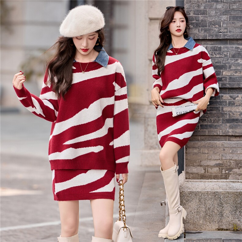 慵懒风斑马纹拼牛仔领秋冬季新款宽松加厚套头毛衣套装，女装套装/套裙，依多米