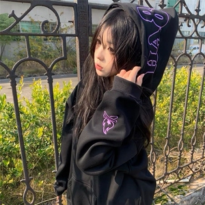 美式复古帽衫字母卫衣女秋冬加绒加厚高级感刺绣小火苗情侣装外套图片