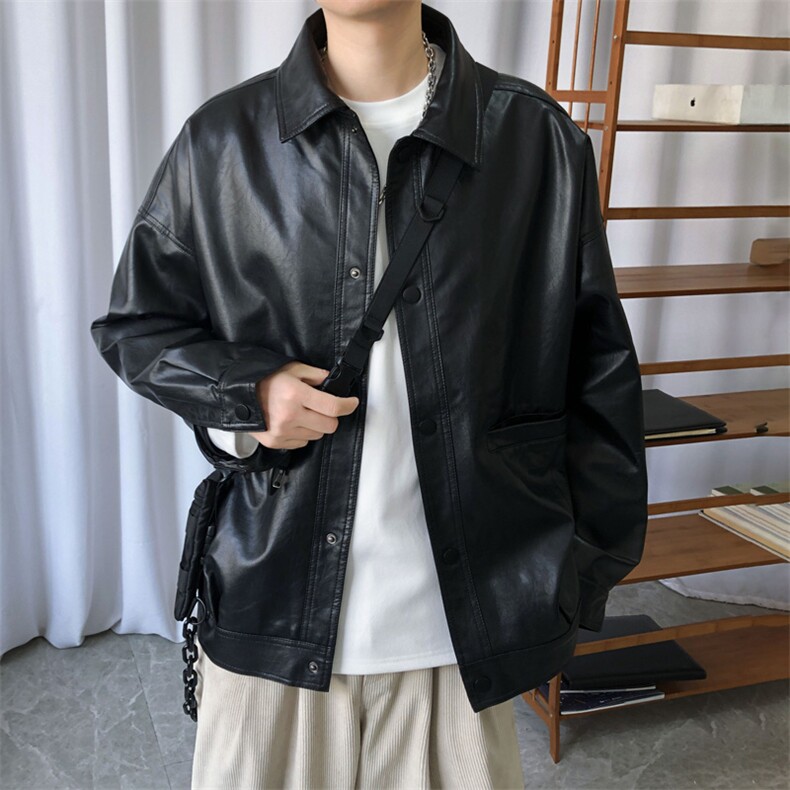 现货春装皮衣外套男宽松皮夹克PU皮服秋冬潮流A560P95加绒105图片