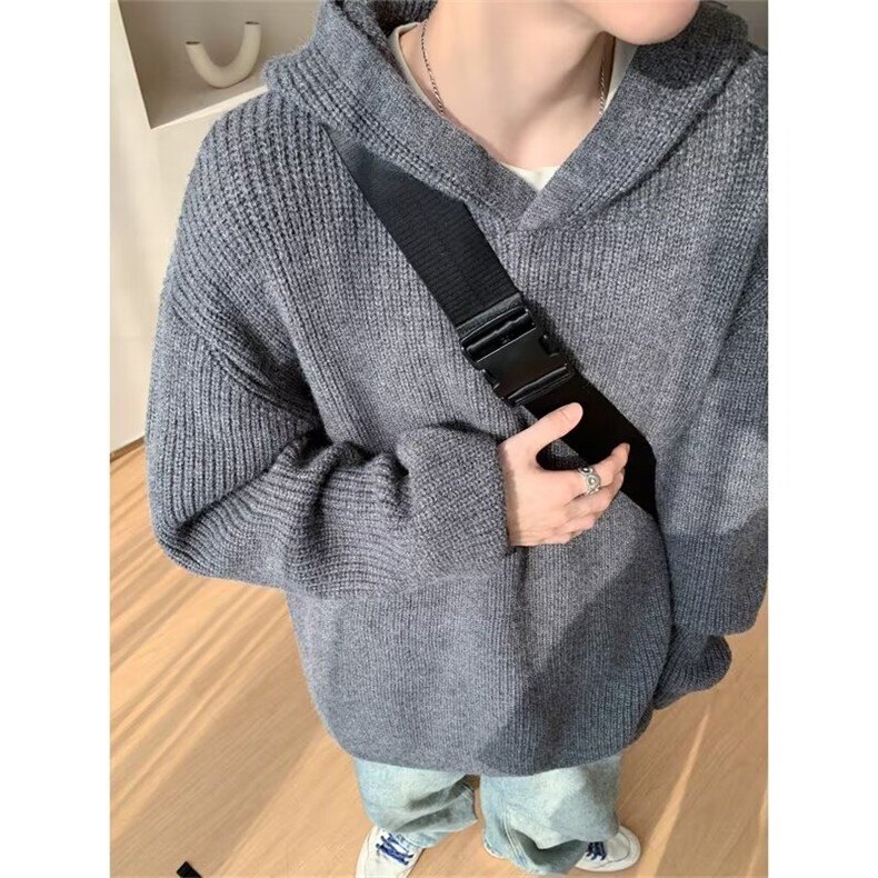 灰色毛衣男款冬季美式复古连帽针织衫高级感痞帅卫衣外套U84,男装针织衫/毛衣,星座506