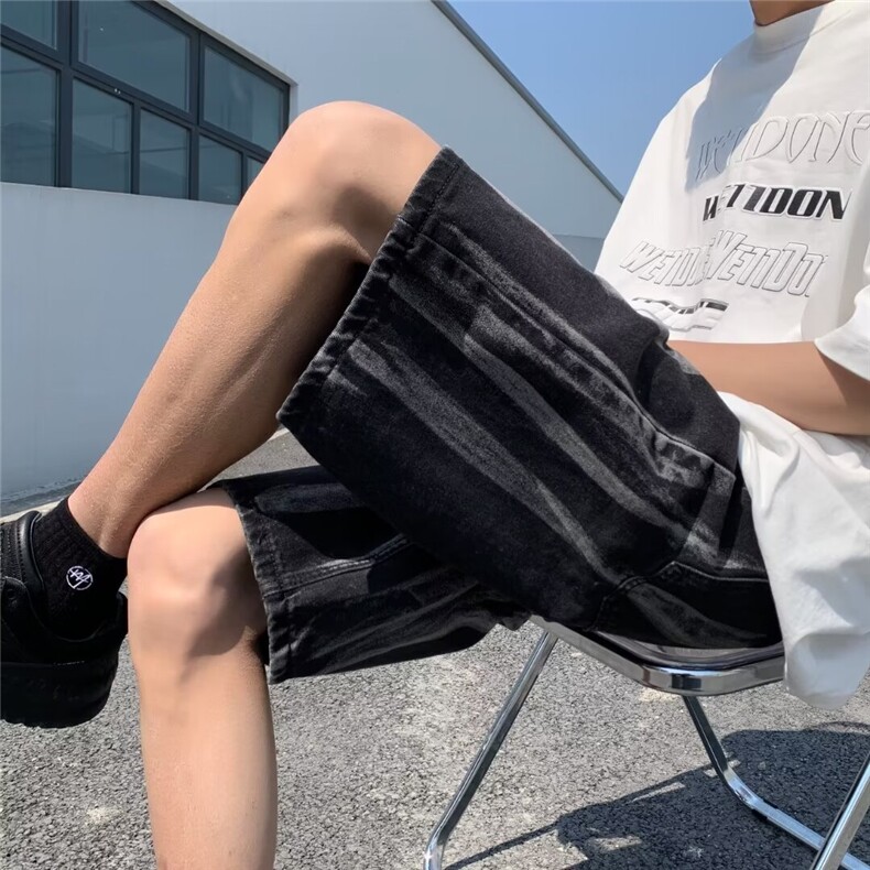 扎染牛仔短裤男日系复古条纹裤子夏季五分裤直筒宽松休闲中裤裤衩,男装牛仔裤,星座410-7