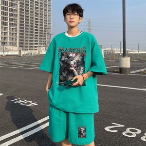 ！2025夏季新款男士潮流华夫格短袖T恤套装学生一套HTZ106P50图片