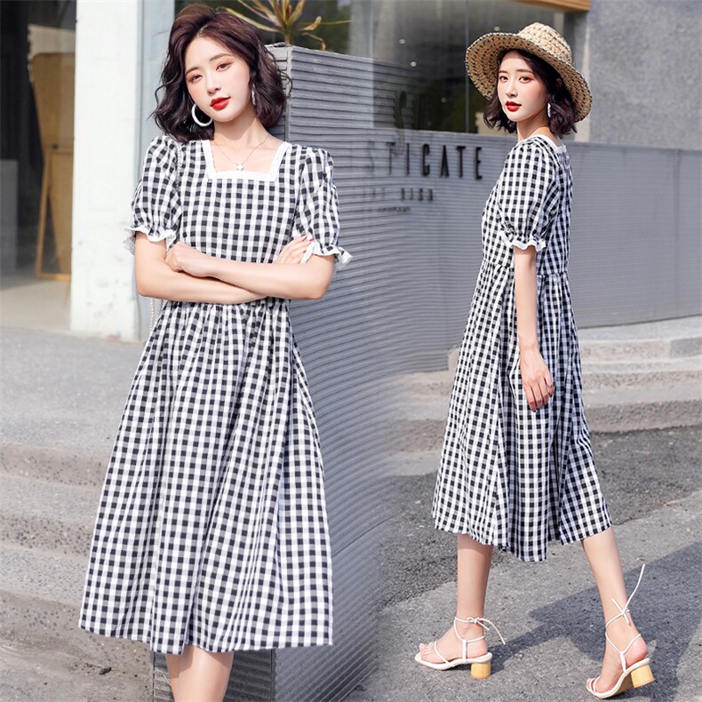 2021年夏季连衣裙时尚气质简约优雅百搭修身格子甜美，女装连衣裙，悠米