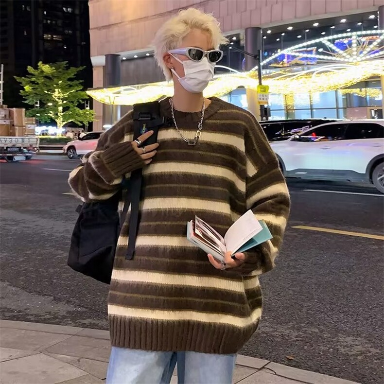 条纹针织衫男秋冬情侣宽松慵懒风毛衣美式复古痞帅上衣Y5586-P50,男装针织衫/毛衣,星座1008