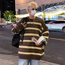 条纹针织衫男秋冬情侣宽松慵懒风毛衣美式复古痞帅上衣Y5586-P50，男装针织衫/毛衣，星座1008