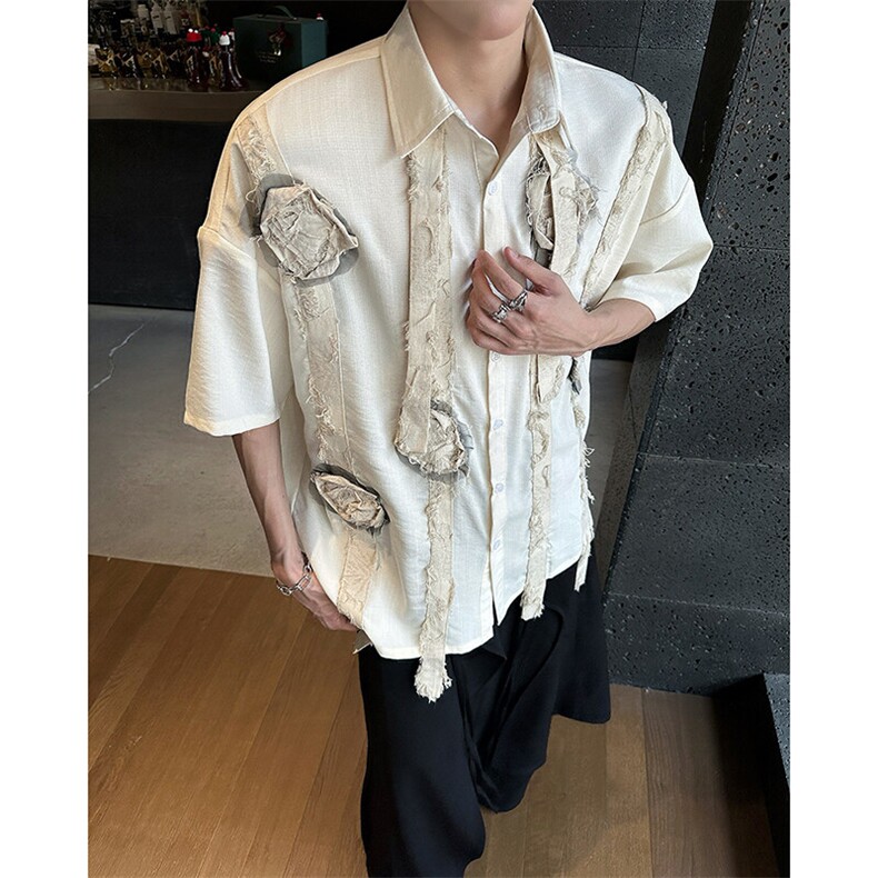 现货！25手工花朵艺术生飘带男士棉麻短袖衬衫CS133-P98,男装T恤,电商B288