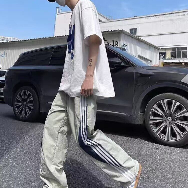 多巴胺速干裤子男夏季薄款2025新款三条杠宽松直筒美式高街休闲裤,男装休闲裤,星座1210-1