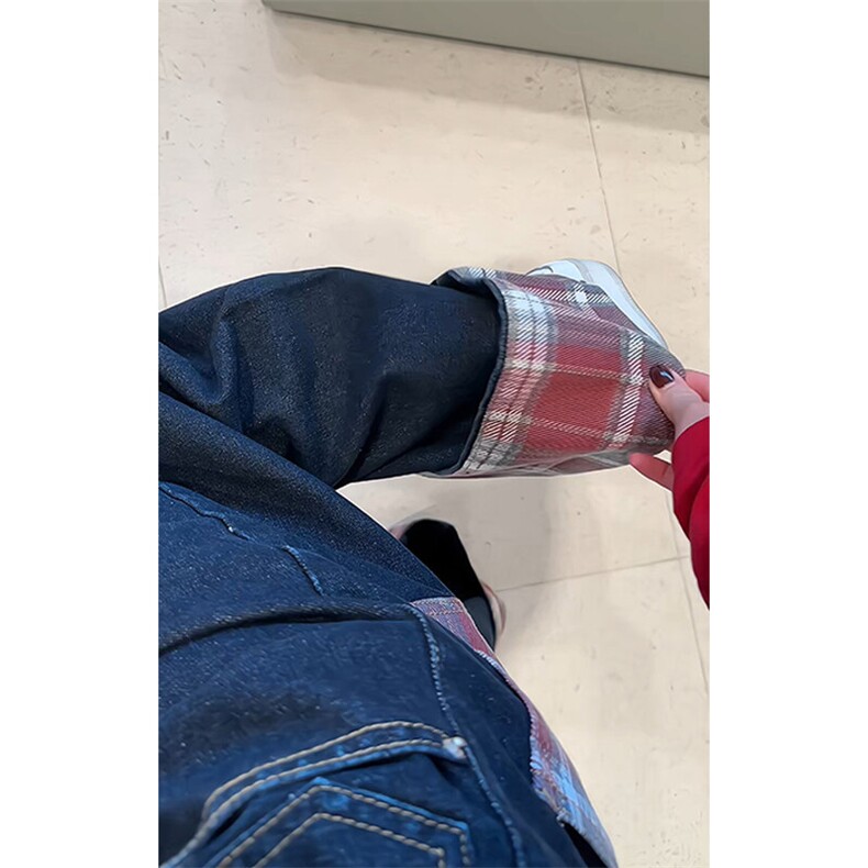 特批P40无差价秋季水洗设计感中性格子卷边牛仔阔腿裤N9050,男装牛仔裤,电商A001-1