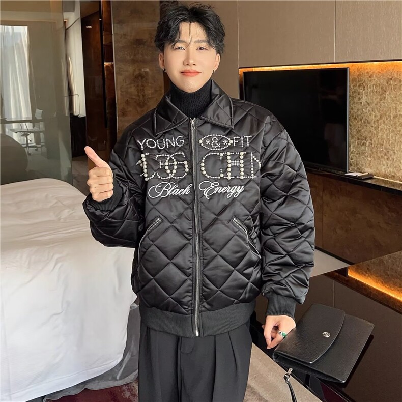 嘻哈风刺绣珍珠黑色菱格棉服夹克男美式复古街头休闲加厚保暖外套图片