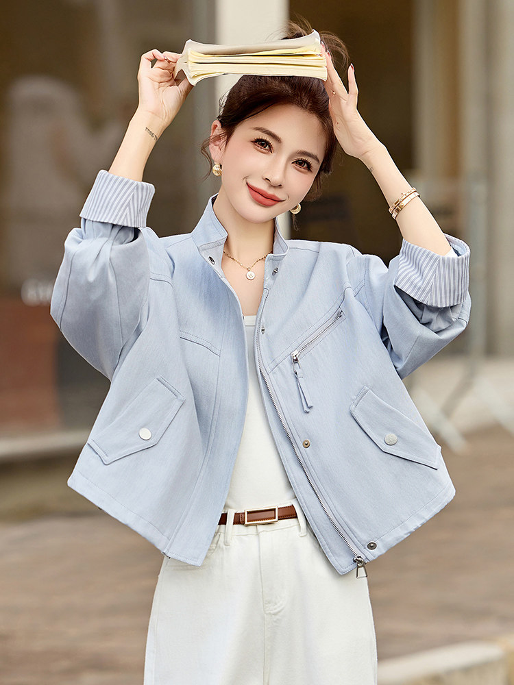 条纹袖口休闲短款蓝色外套女2026春秋新款小个子减龄百搭夹克上衣,女装短外套,美沁