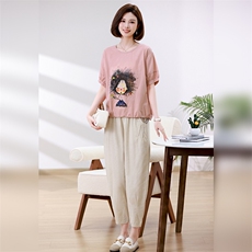 棉麻休闲套装女短袖2025夏季新款妈妈夏装洋气时尚亚麻裤子两件套，女装套装/套裙，叶笙衣