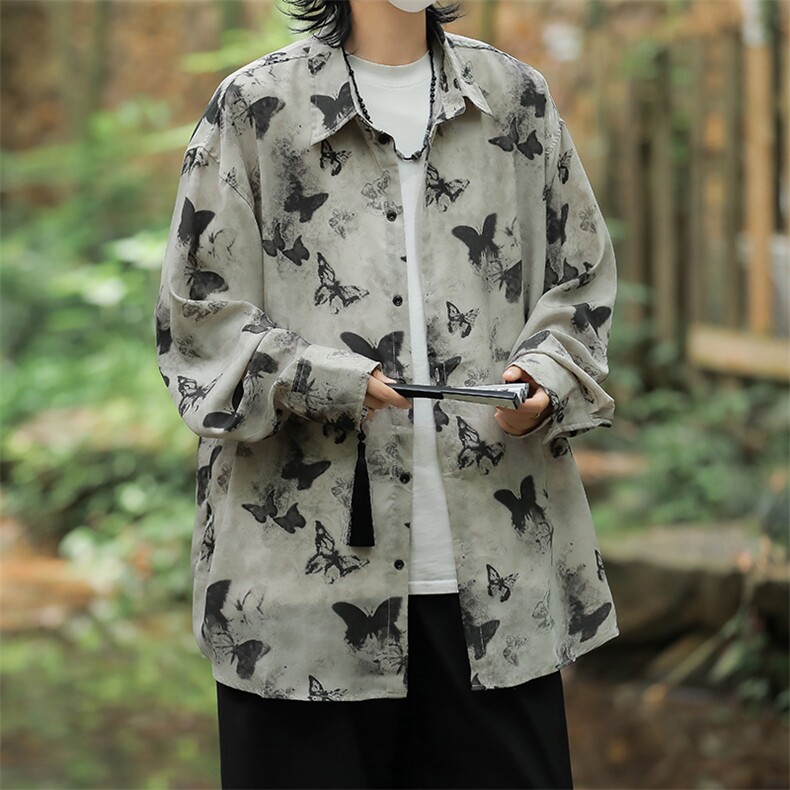 风小众设计蝴蝶短袖男女薄款宽松垂感复古水墨印花衬衣开衫外套，女装短外套，星座505-2（原电商A260-1)